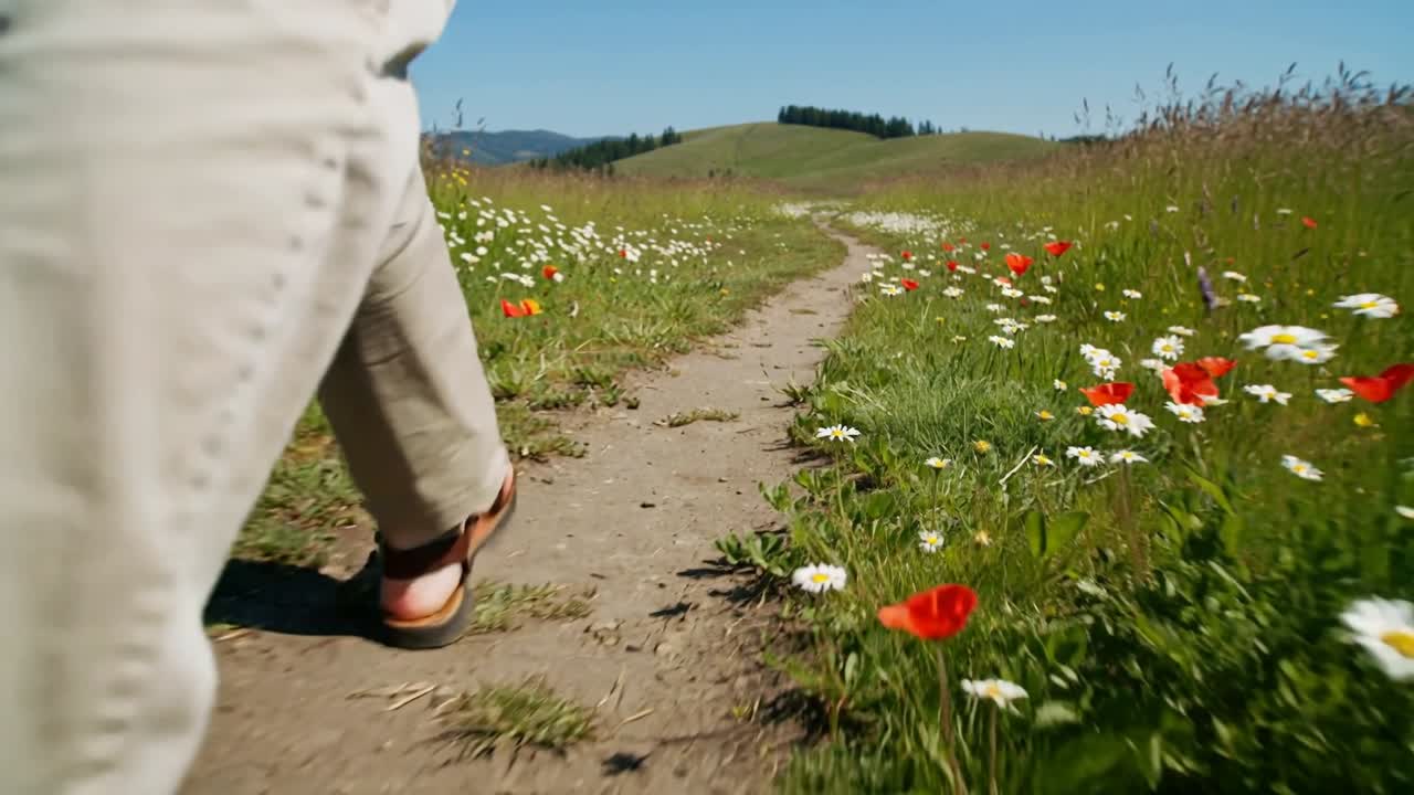 ベージュのパンツと茶色のサンダルを履いた歩行者が、花をかすめながら砂利道で丘陵地帯へ向かって歩いている。