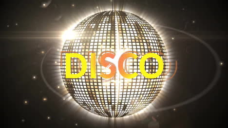 animation of disco text over mirror ball on black background