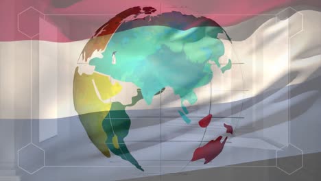 animation of data processing over flag of netherlands and globe