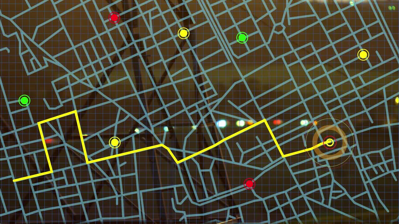 Animation of gps navigation data processing against night city traffic