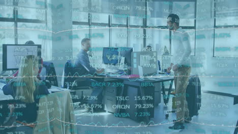 animation of stock market data processing against two diverse men high fiving each other at office
