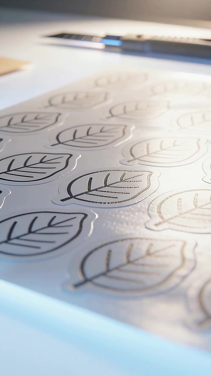Vertical video: Shifting lens revealing clear leaf stickers on desk showing embossed cuts and knife