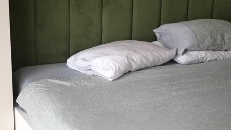 bedroom with green headboard and cozy bedding