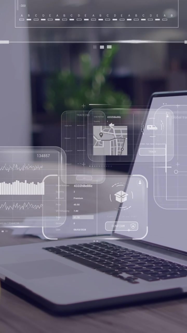 Vertical video: Laptop showing AR panels on wake, sliding across desk showing analytics and chat