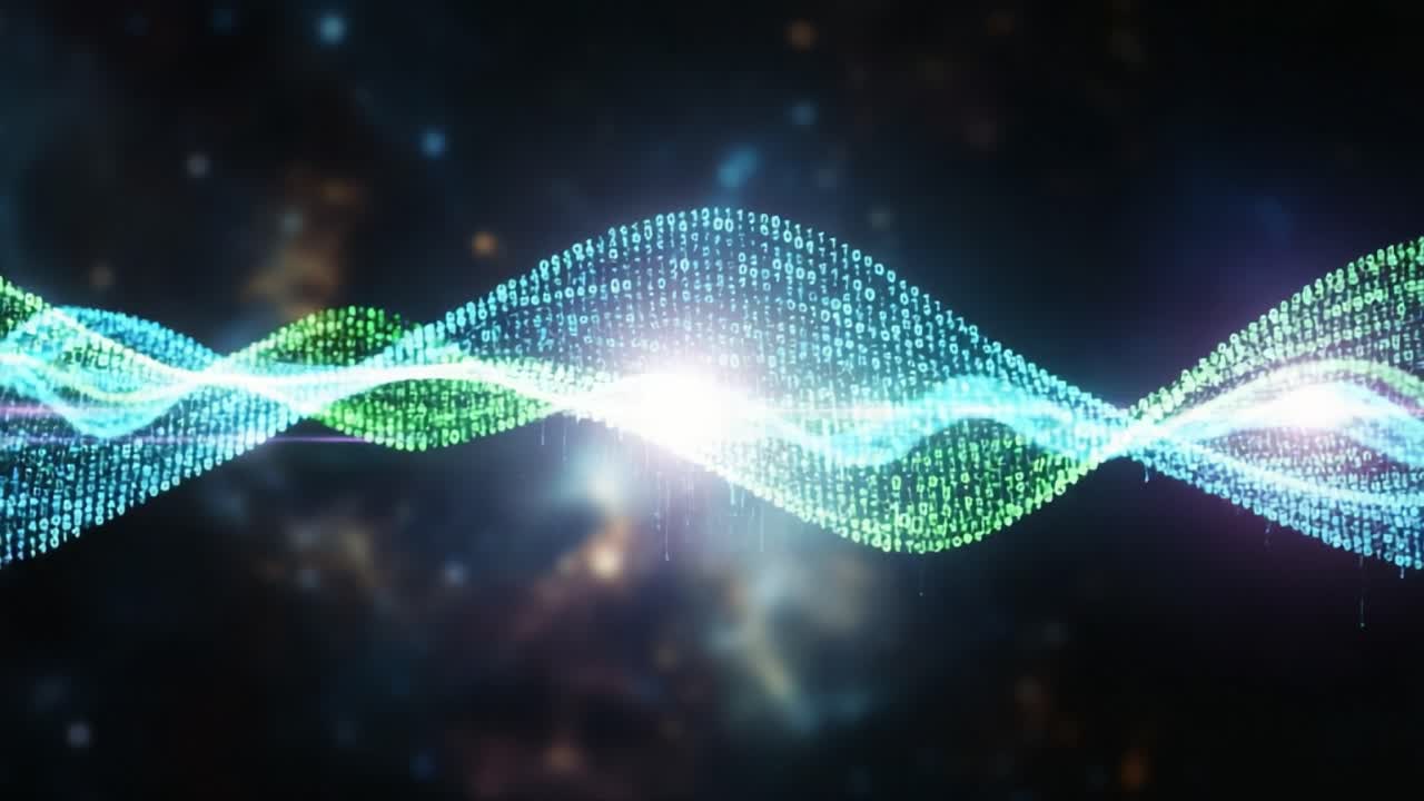 A Stunning Visualization of Data Waves: An Abstract Representation of Binary Code and Digital Information Flowing Through the Cosmos
