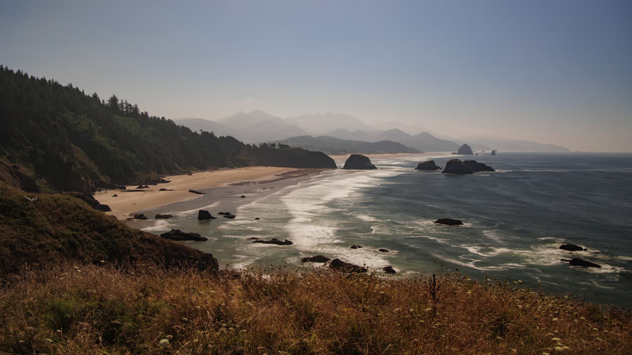 View of Indian Beach and Cannon Beach from a viewpoint in Ecola State Park in Oregon