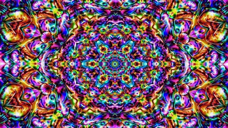 psychedelic kaleidoscope creating a vibrant, symmetrical pattern with intricate details and glowing neon colors, ideal for backgrounds, posters, or digital art