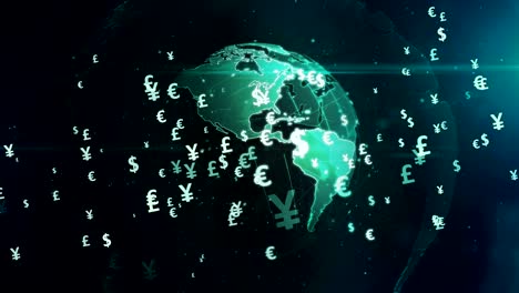 money symbols on digital globe loop and seamless background