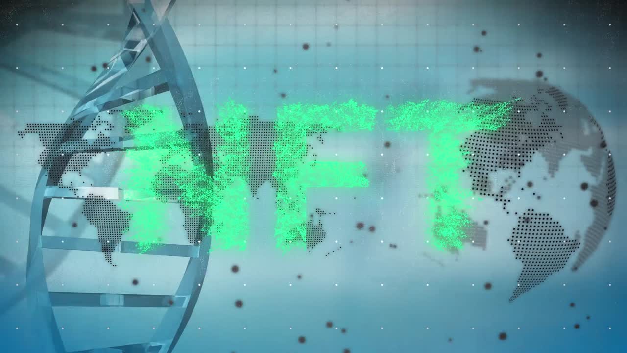 nft의 세계 지도, 지구, dna 및 파란색 배경 위의 애니메이션