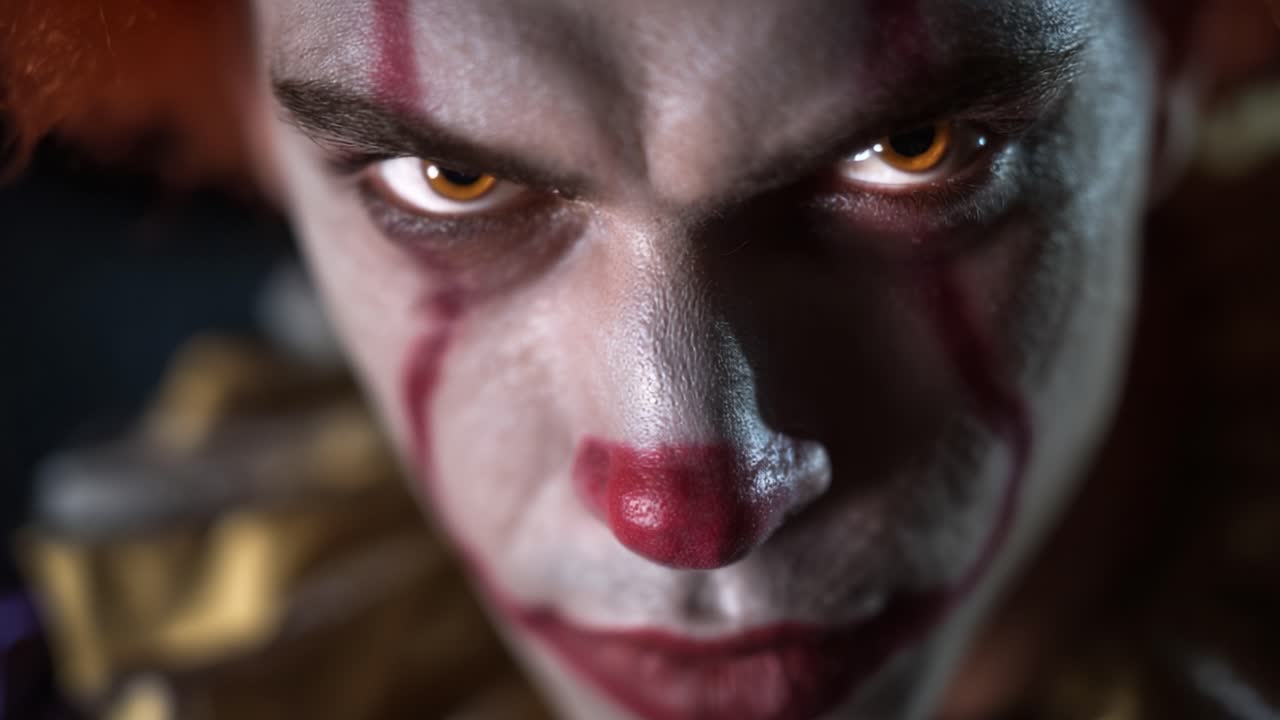 Intense Close-Up of a Clown with Striking Makeup and Piercing Eyes, Capturing the Eerie Essence and Emotional Depth of Clown Characters in Performance Art