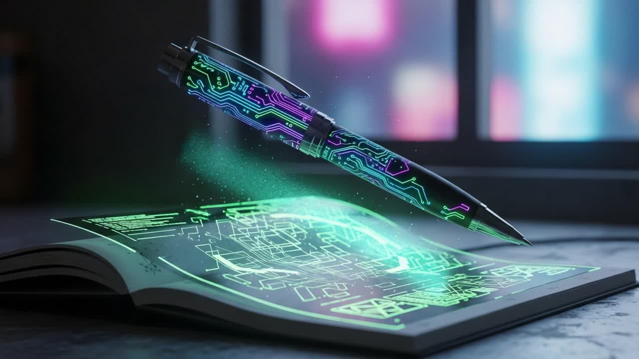Futuristic Pen and Interactive Notebook: Capturing the Essence of Digital Creativity with a High-Tech Pen Projecting Holographic Circuit Designs onto a Notebook