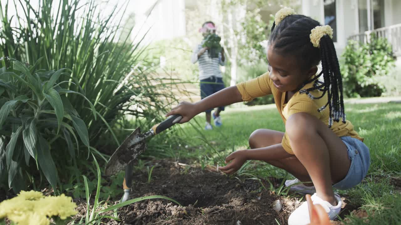 feliz hermano y hermana afroamericanos plantando flores en un jardín soleado, cámara lenta