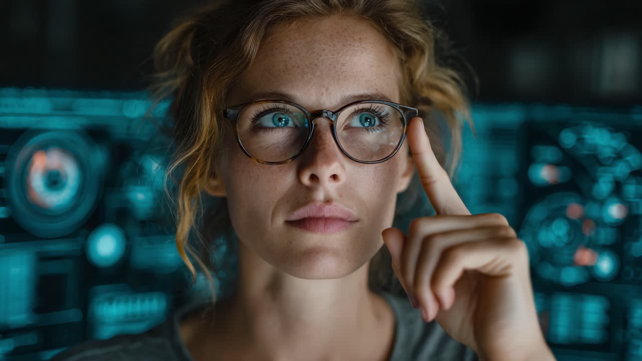 Contemplative Young Woman Analyzing Data and Making Decisions in a High-Tech Environment with Advanced Digital Interfaces Around Her