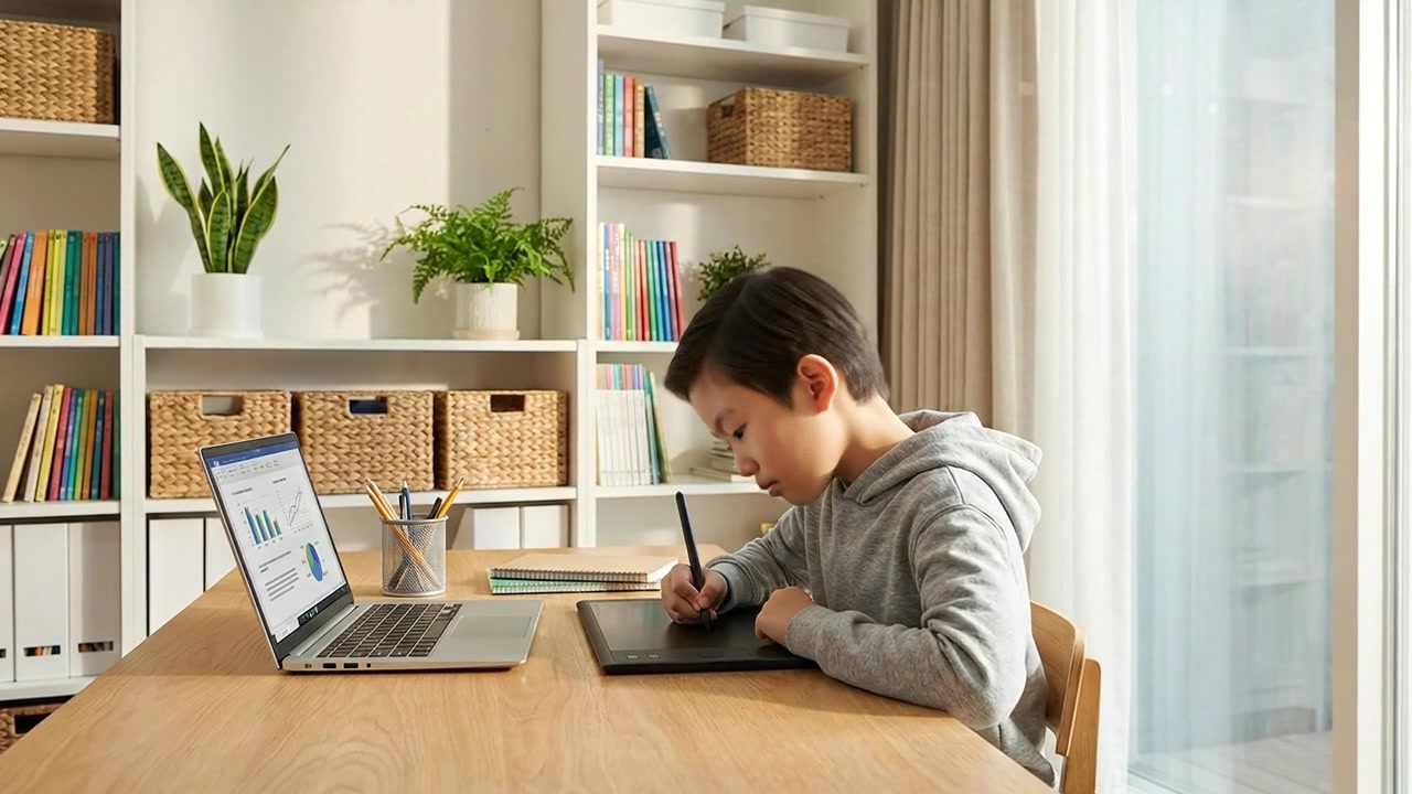 デジタル学習のためにグラフィックスタブレットとノートパソコンを使う少年