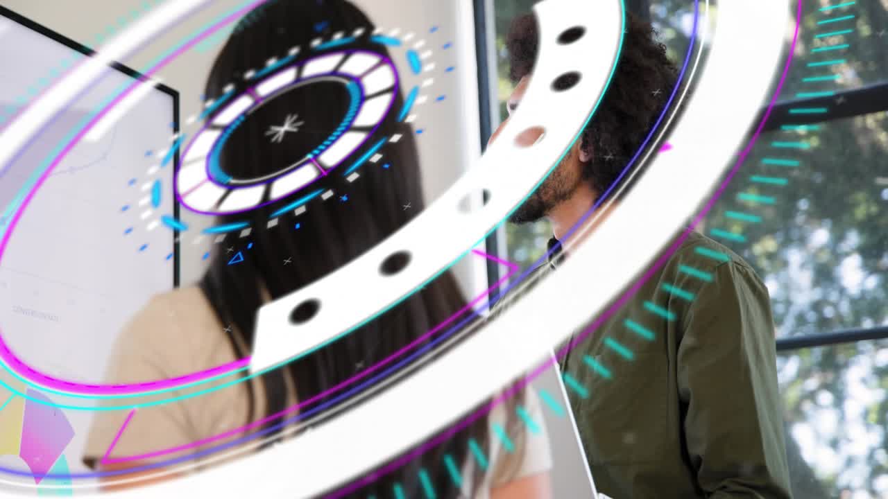 Woman pointing board as man watching laptop, rotating HUD sweeping, obscuring view during business