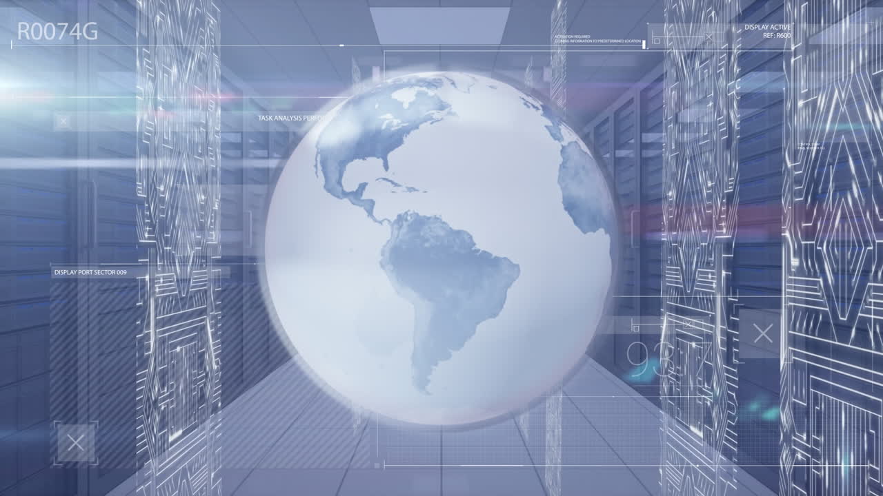 서버 방에 대한 디지털 회전 지구와 전자 회로 보드 패턴의 애니메이션