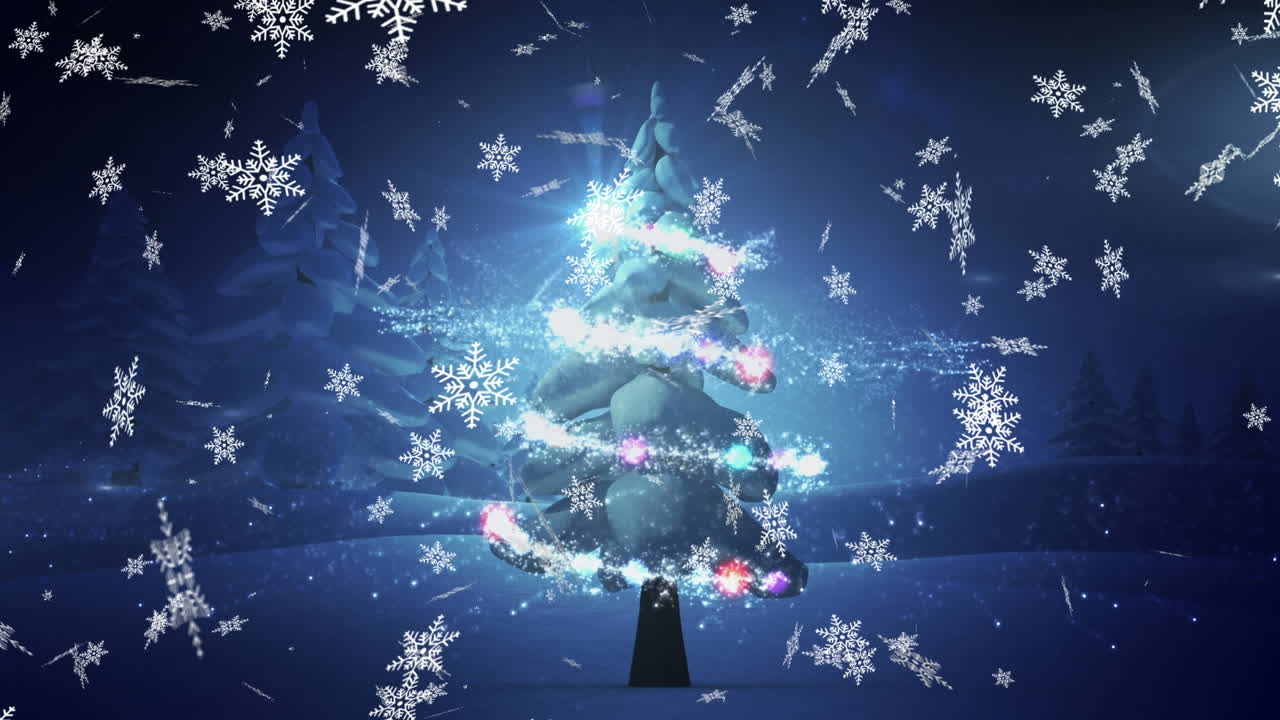 冬の背景にある流れ星とクリスマスツリーの上に雪の結晶が舞い落ちるアニメーション