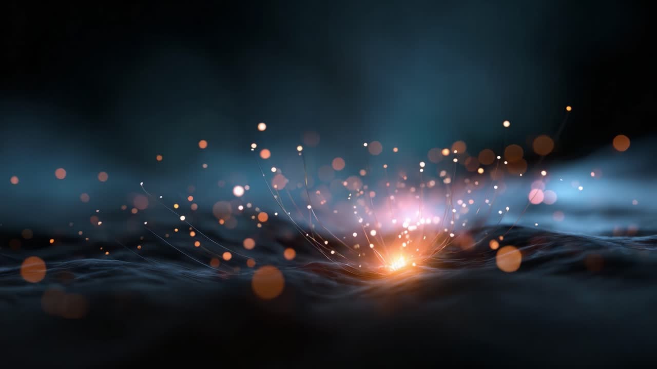 Vista aerea di particelle luminose che danzano con grazia in un paesaggio mistico, mettendo in mostra bagliori eterei e texture scintillanti in un accattivante contenuto visivo.
