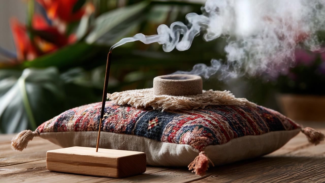 Cérémonie d'encens captivante : une magnifique démonstration de fumée aromatique s'élevant d'un porte-encens finement ouvragé posé sur un coussin textile douillet