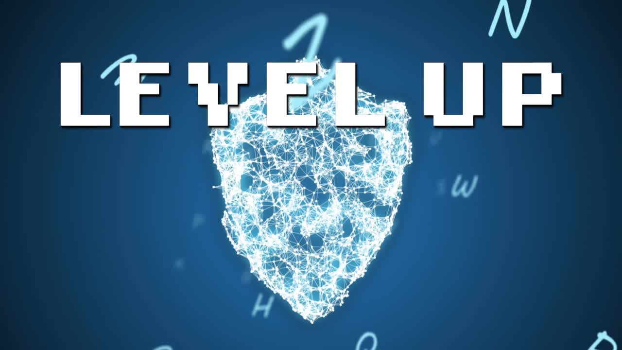 보안 방패와 문자 위에 레벨 업 텍스트의 애니메이션