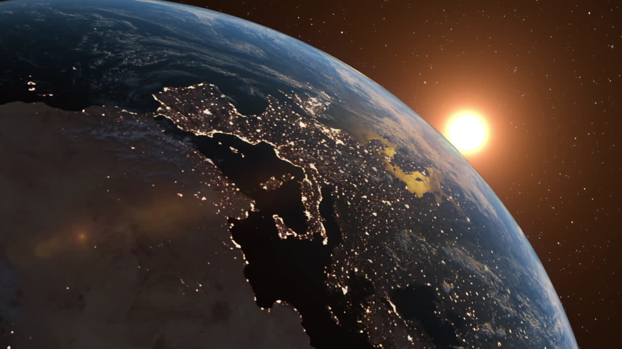 Beautiful Sunrise over Earth. Realistic earth with night lights from space