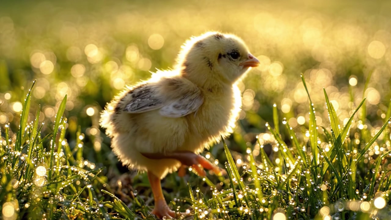 Um pintinho jovem e encantador está em meio à grama orvalhada, banhado em luz dourada, simbolizando nova vida e novos começos no brilho da natureza