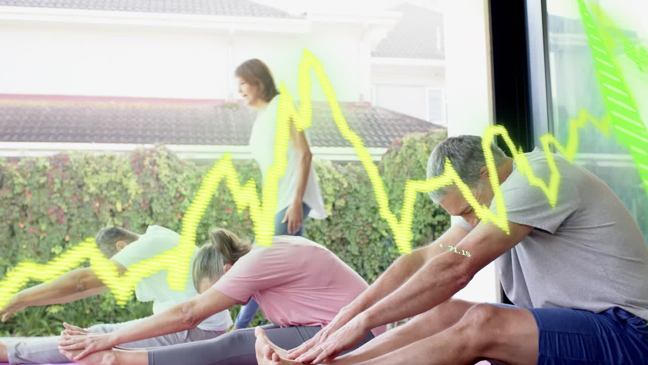 Yoga group deepening forward fold on patio while instructor placing hands, waveform numbers pulsing