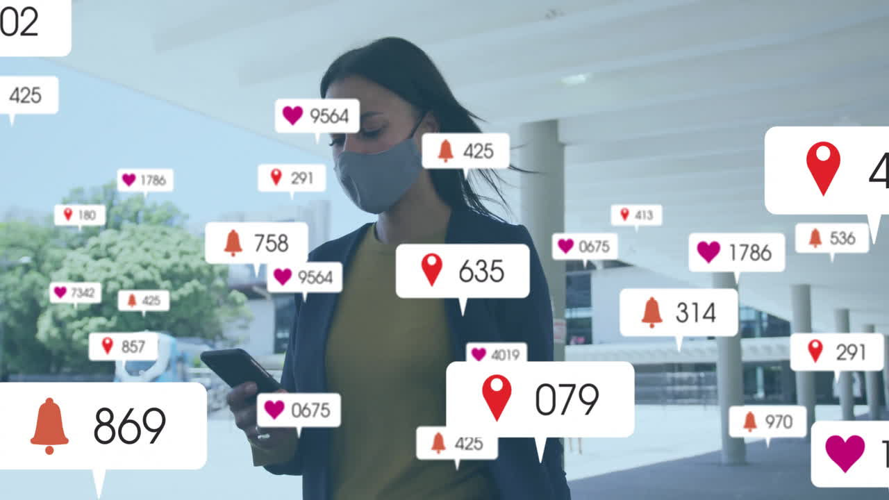 Using smartphone, woman surrounded by social media animation icons outdoors