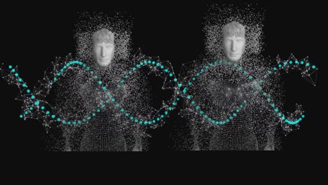 animation of dna strand and data processing with human bodies formed with exploding particles