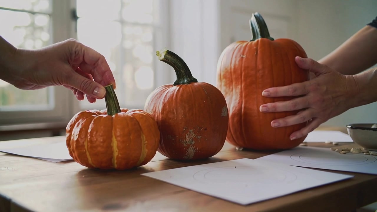 Grasping stems, pair arranging 3 pumpkins on wood table with paper guides for fall display