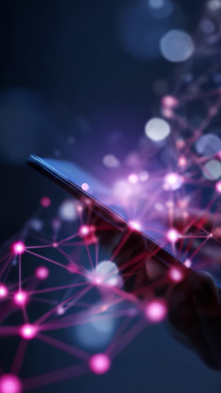 Uno smartphone illuminato da colori vivaci e connessioni astratte, che rappresenta la comunicazione digitale e la tecnologia in un mondo moderno e interconnesso