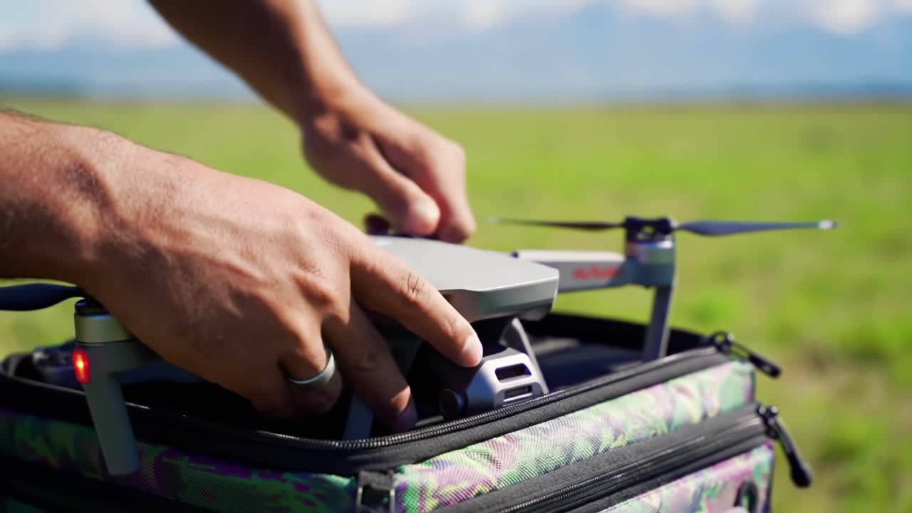 Preparing to Launch: A Close-Up of a Person Removing a Drone from a Camouflage Carrying Bag in a Scenic Outdoor Environment