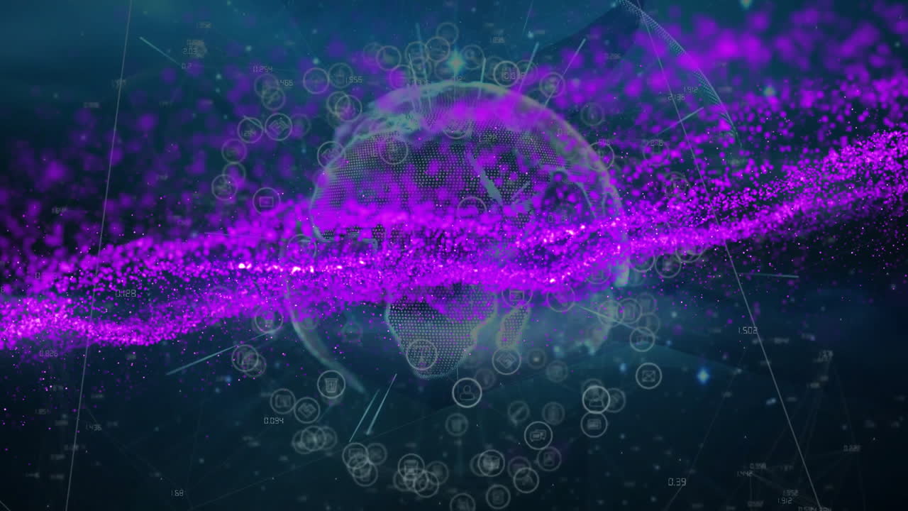 디지털 지구 위에 보라색 입자를 가진 글로벌 데이터 네트워크 애니메이션
