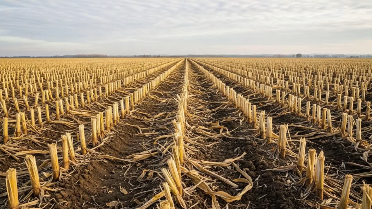 Vast Agricultural Landscape Showcasing Neatly Cut Corn Stalks Standing Tall Above the Soil in a Serene Rural Setting Under a Dramatic Sky