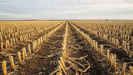 vast agricultural landscape showcasing neatly cut corn stalks standing tall above the soil in a serene rural setting under a dramatic sky