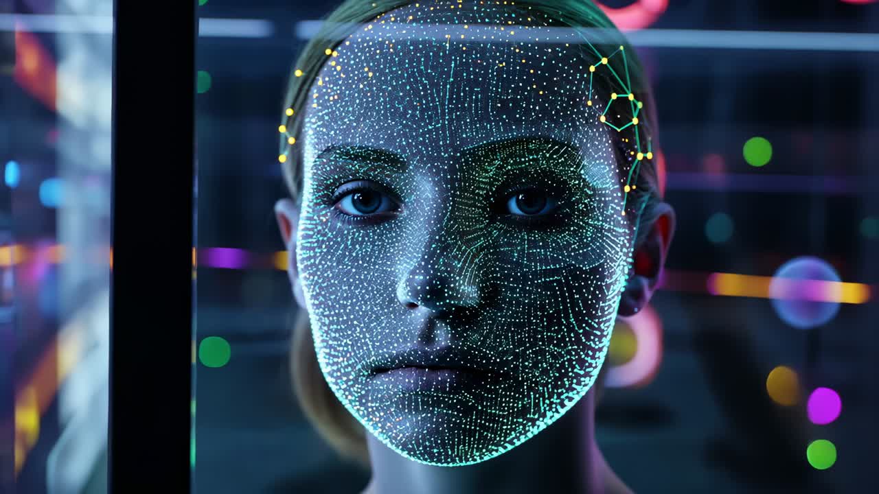 Activating projector casting teal dot grid onto woman in bio lab mapping face with yellow nodes