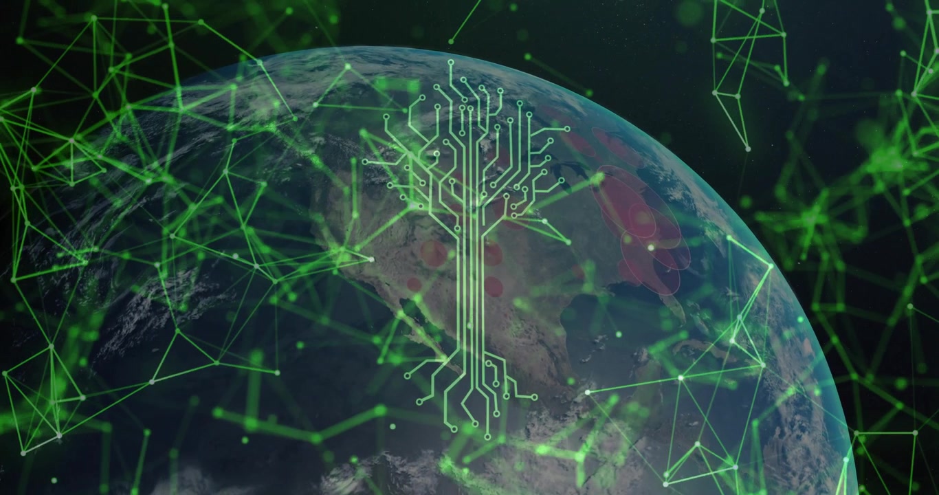 With globe rotating, 3D Earth drifting network, growing circuit tree pulsing hotspots for data flow