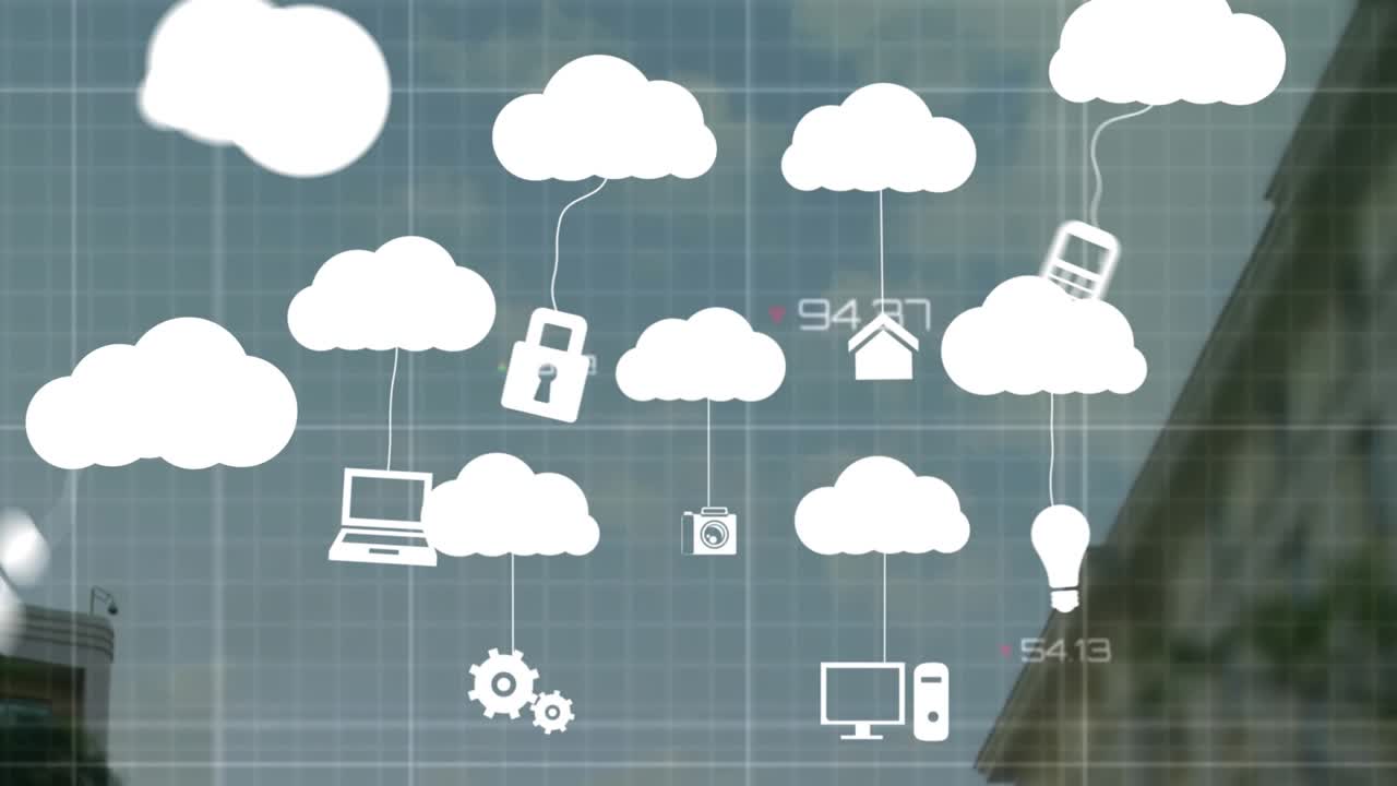 Animation of clouds with technology icons over graphs and data on blue background