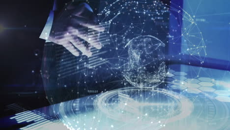 holographic globe and network connections animation over person using touchscreen device