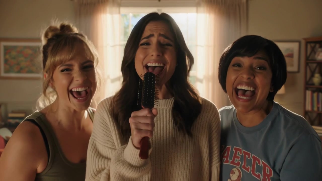 Giving thumbs-up, three friends leaning and belting into round hairbrush in living room, for fun