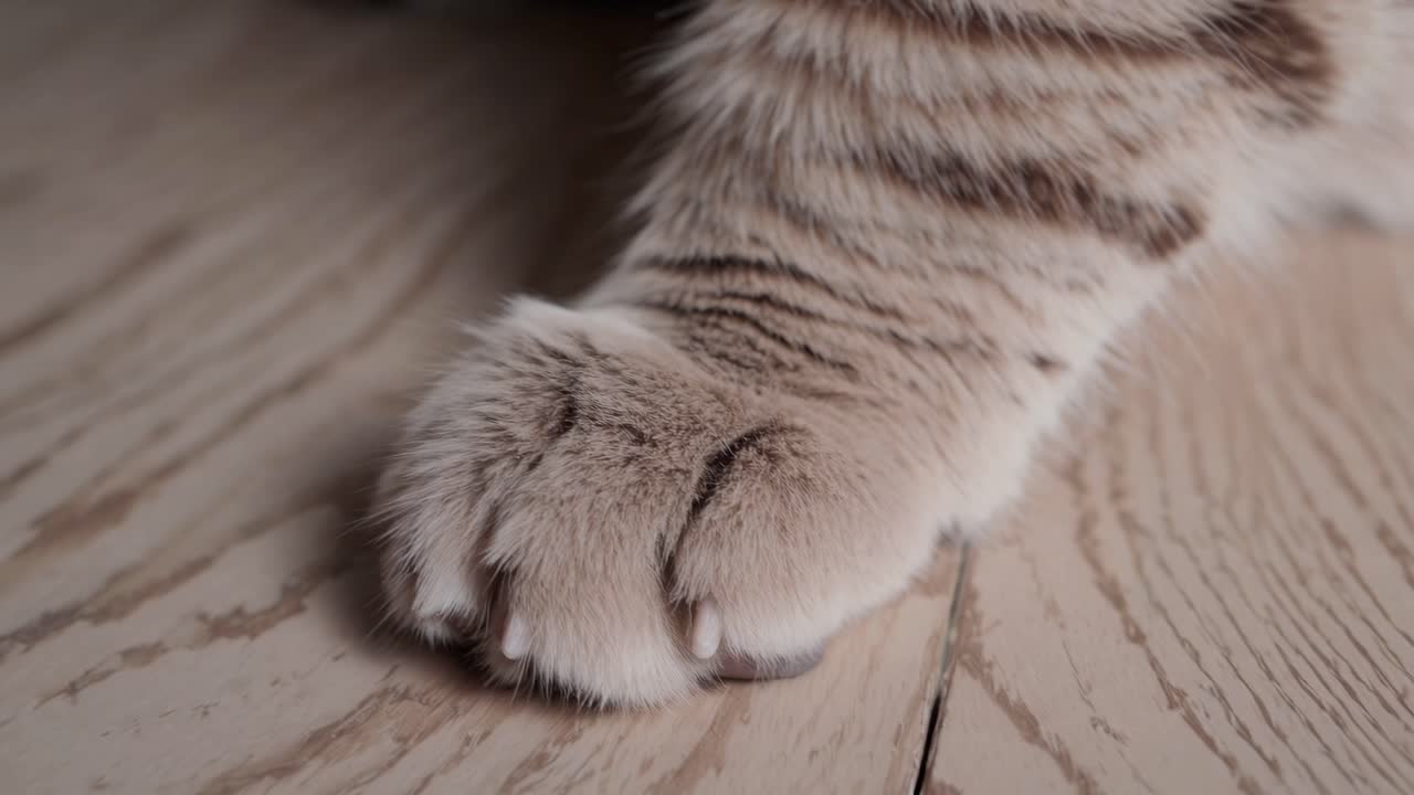 Close-up of a cat's paw on wooden floor, captured from a low angle