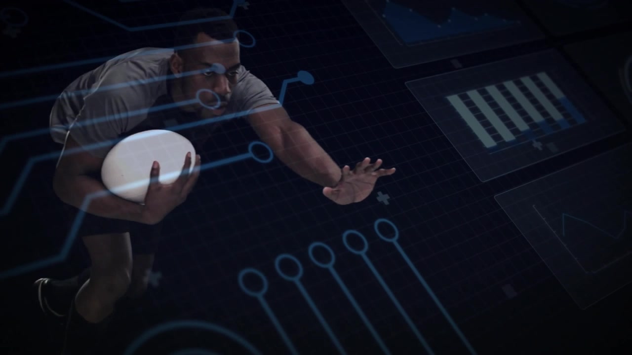 Athlete cradling ball crouching while holographic data overlay powering diving for sports analysis