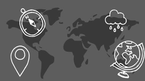 Animation-Mehrerer-Geographie-Konzeptsymbole-über-Der-Weltkarte-Vor-Grauem-Hintergrund