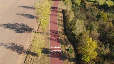 Aerial-forward-movement-looking-upon-a-bicycle-highway-path-with-cyclists-in-The-Netherlands-in-a-suburban-environment-with-tall-autumn-trees-along-the-side