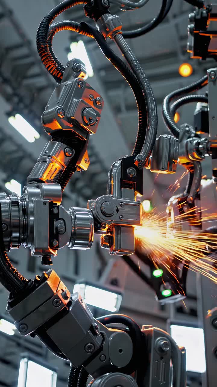 Close-up video shot of robotic arms in a factory setting, capturing sparks and mechanical precision