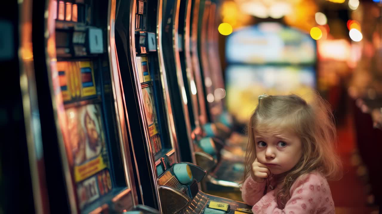 Little girl playing a slot machine in a casino in Las Vegas, she is pulling the lever and looking concerned, colorful lights and blurred background, gambling addiction concept