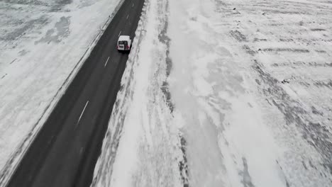 aerial shooths of a van on iceland road