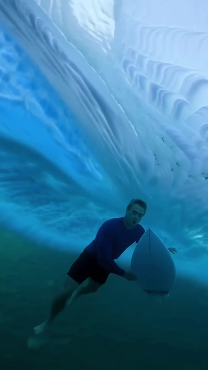 Surfista buceando bajo el agua bajo una ola oceánica rompiendo