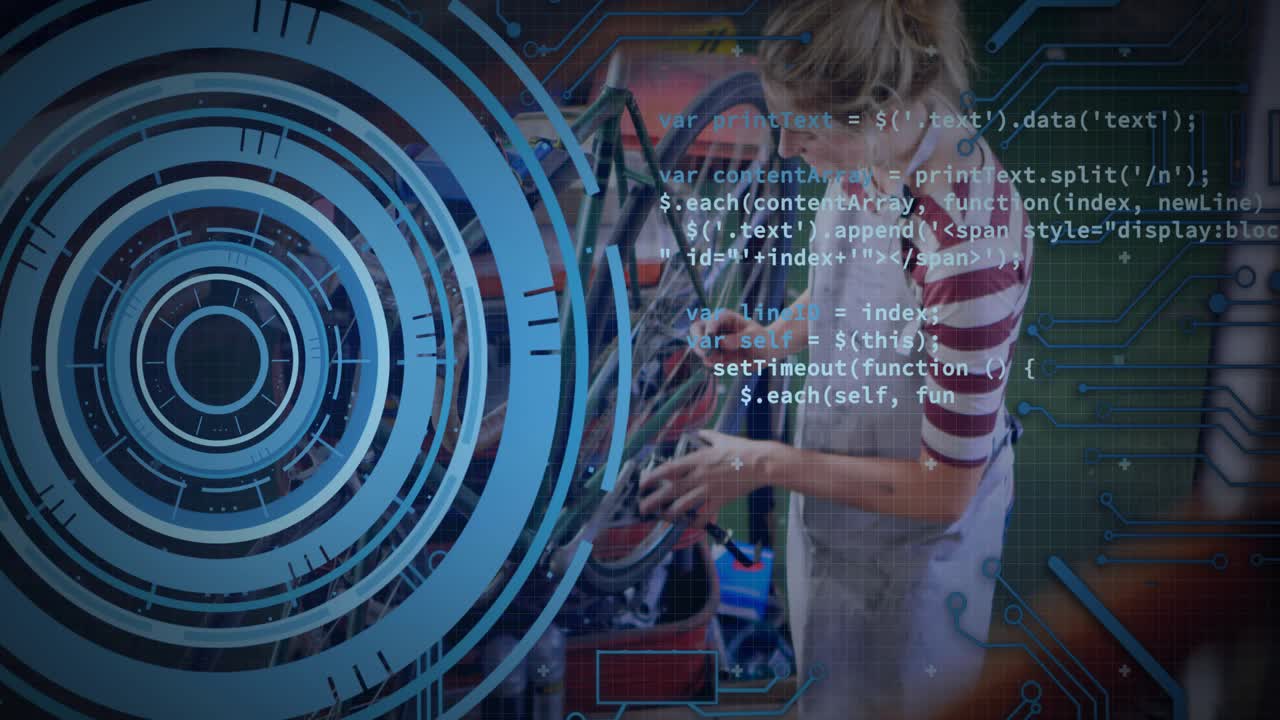 Female mechanic reaching into toolbox, tightening wheel bolts while blue HUD guiding repair
