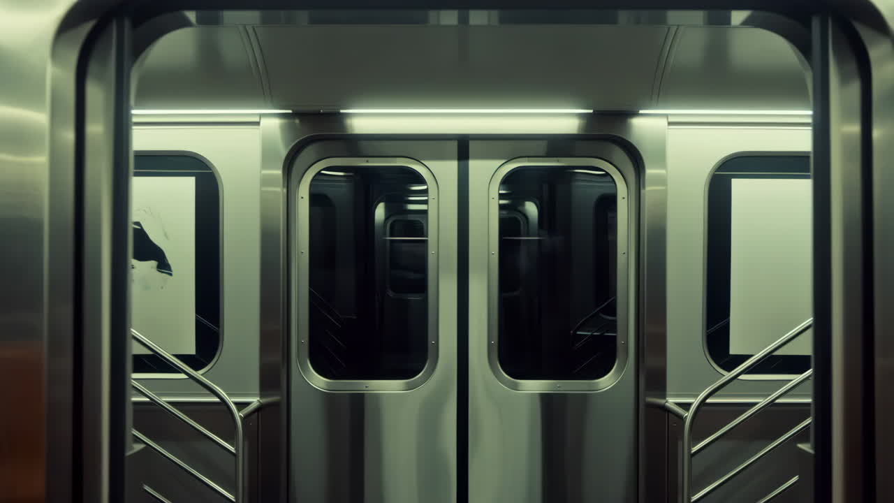 Interno vuoto di un moderno vagone della metropolitana con porte chiuse